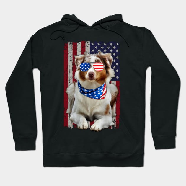 Tail Tales Shepherd Chronicles, Dog American Flag Tee for Aussie Admirers Hoodie by Mushroom Time